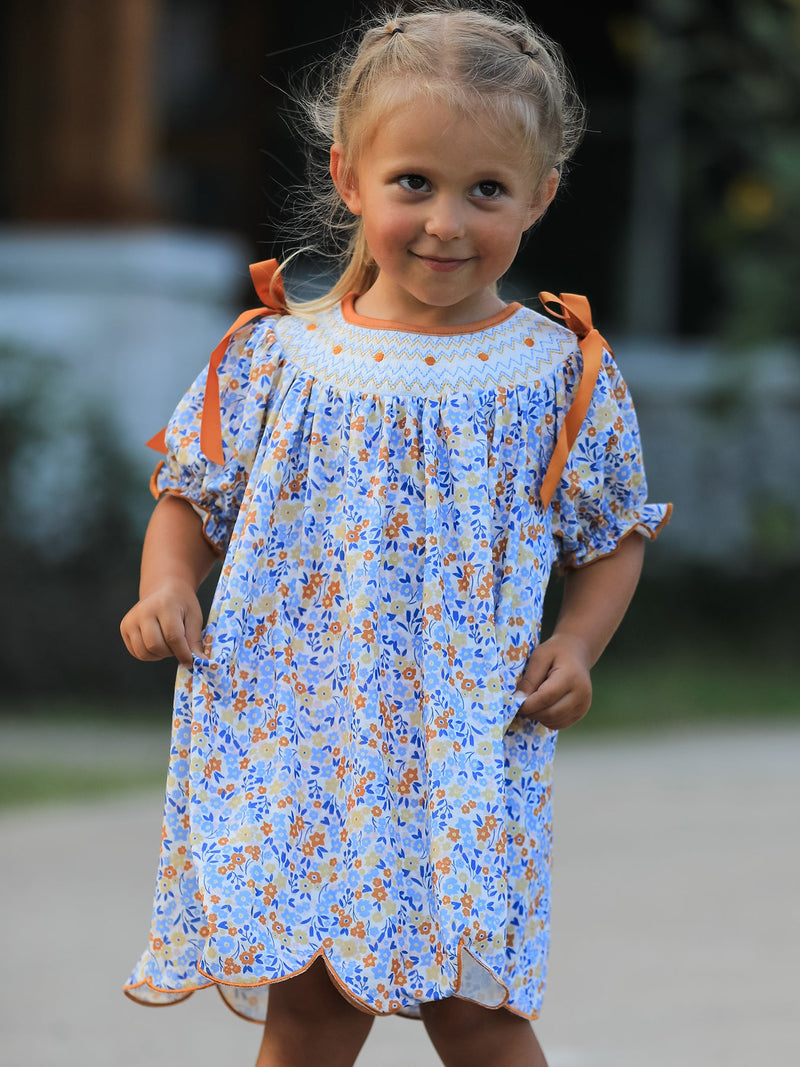 Fall Floral Smocked Girls Dress - 1