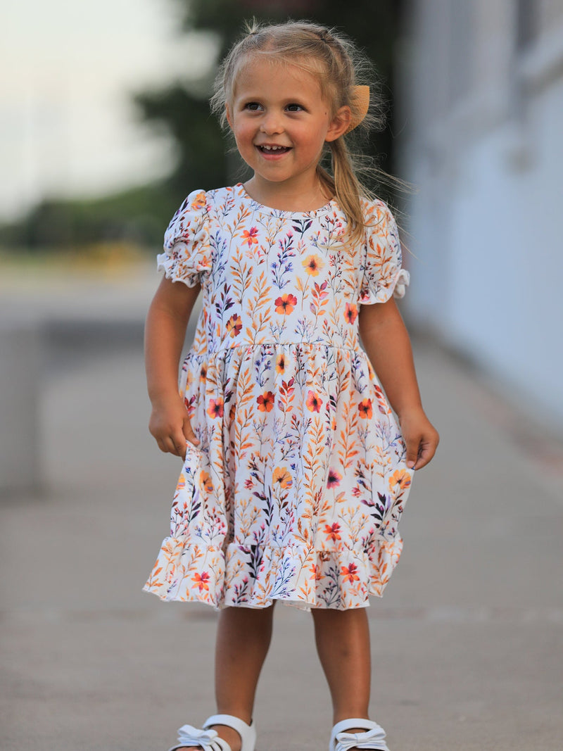 Fall Floral Puff Sleeve Ruffle Girls Dress - 2