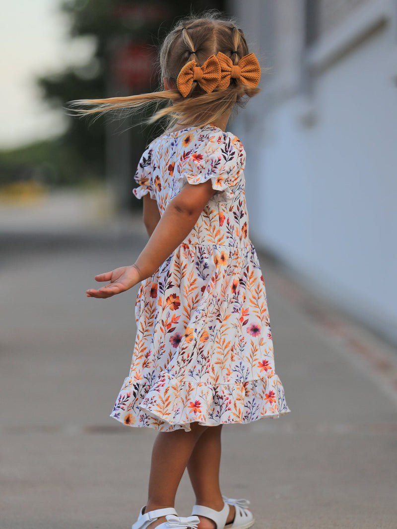 Fall Floral Puff Sleeve Ruffle Girls Dress - 4