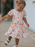 Fall Floral Puff Sleeve Ruffle Girls Dress - 1