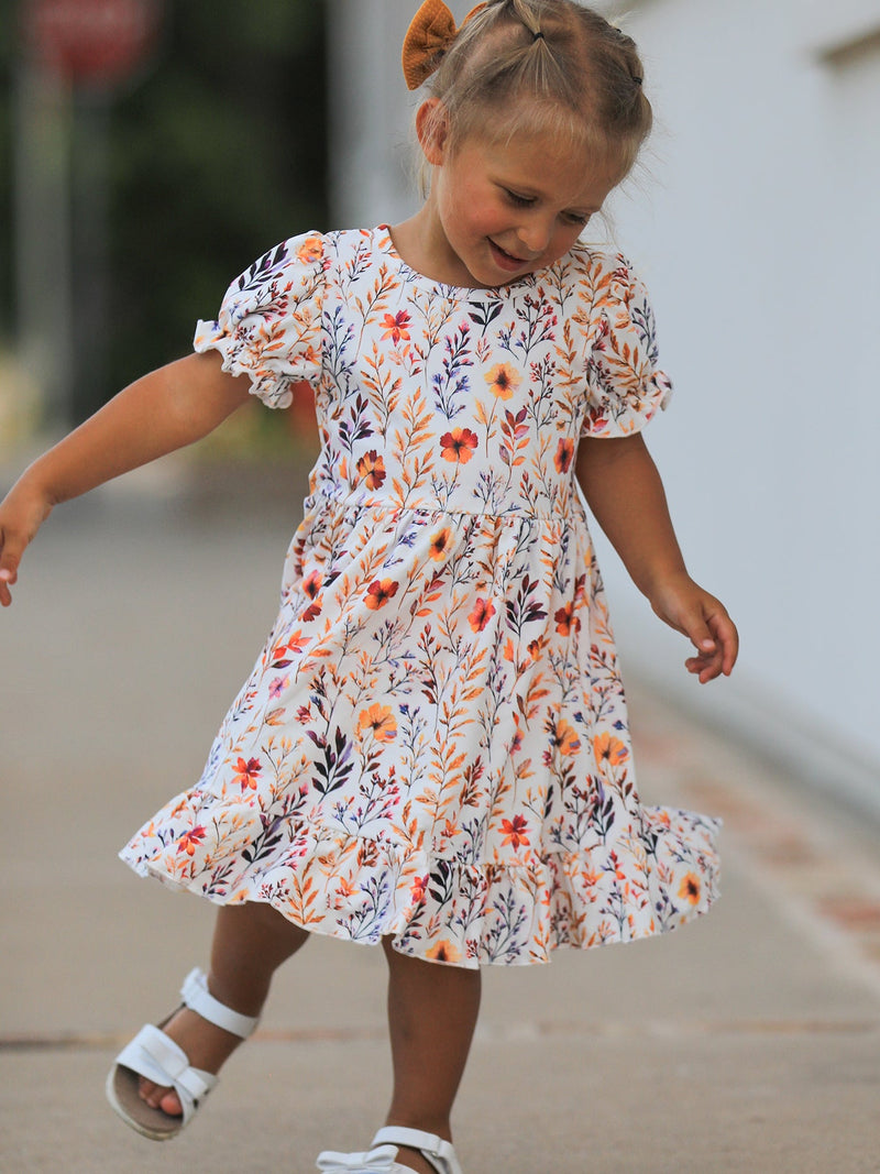 Fall Floral Puff Sleeve Ruffle Girls Dress - 1