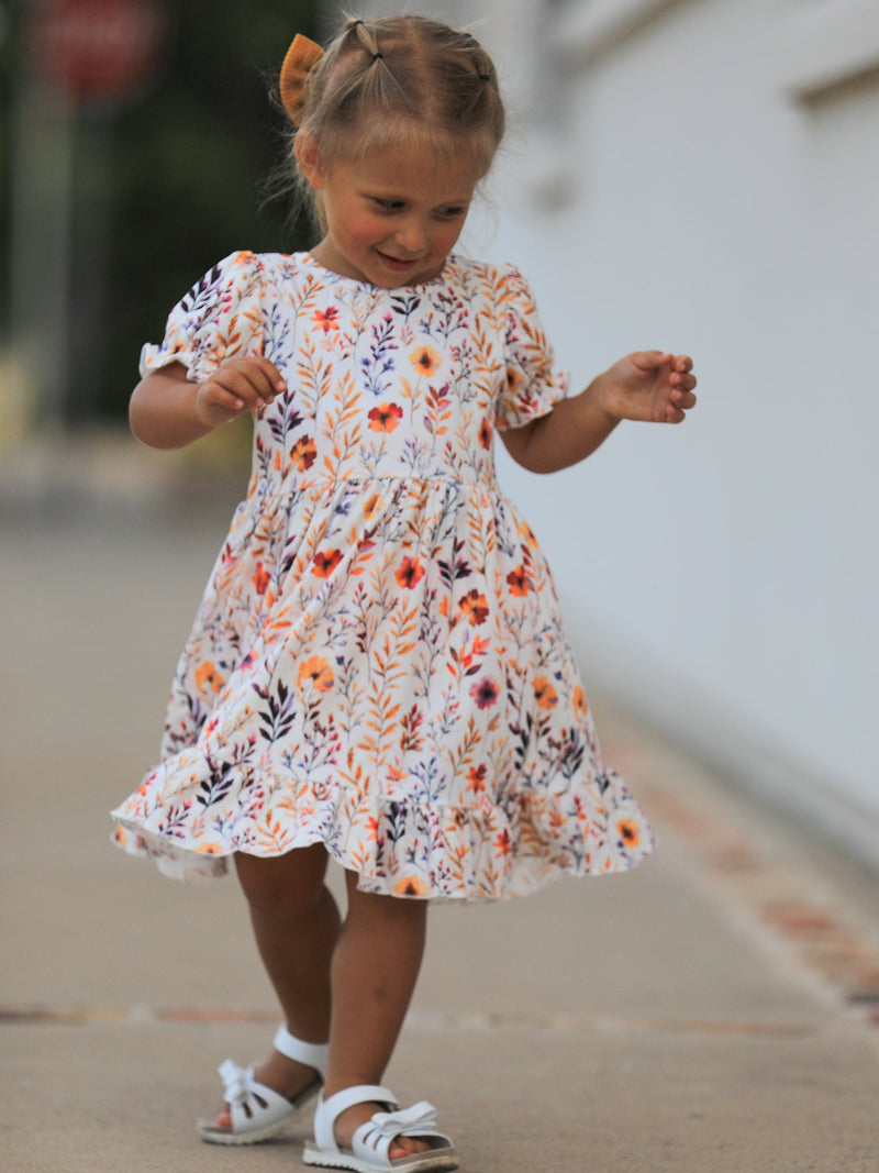 Fall Floral Puff Sleeve Ruffle Girls Dress - 3