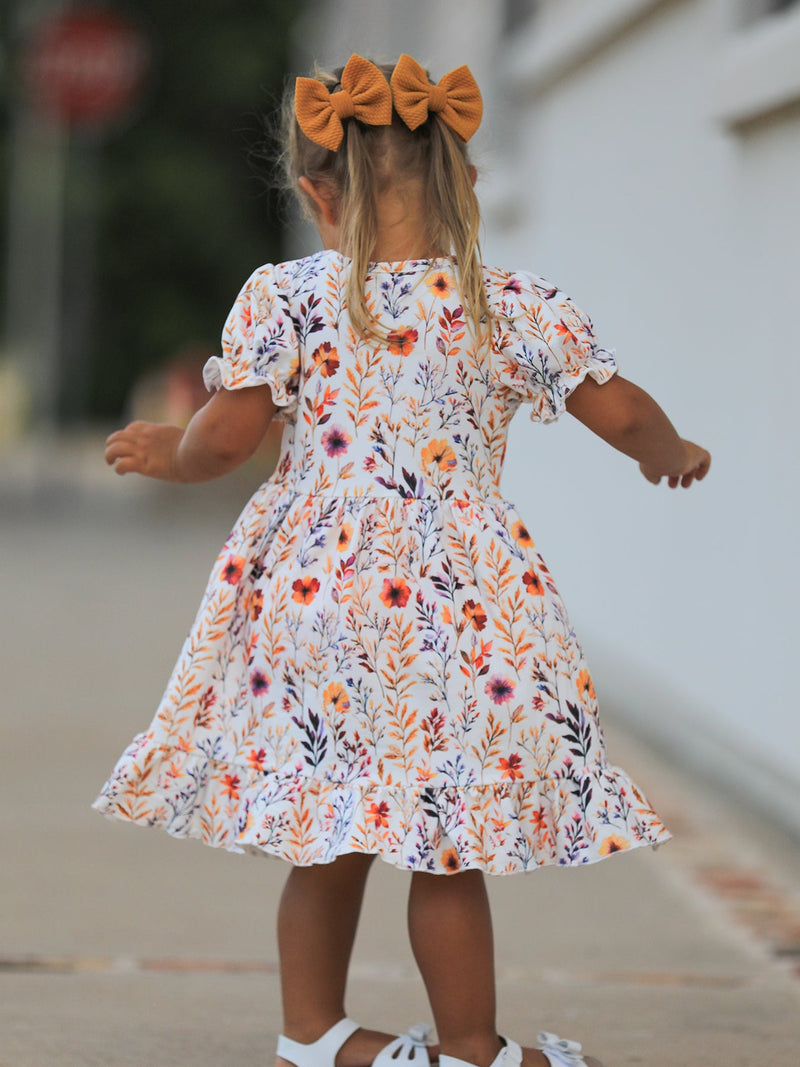 Fall Floral Puff Sleeve Ruffle Girls Dress - 5