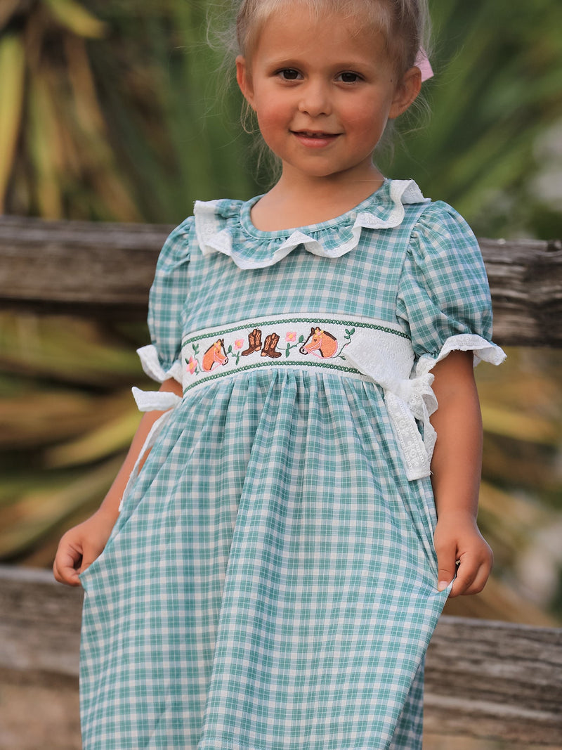 Western Plaid Horse Embroidered Girl Dress - 4