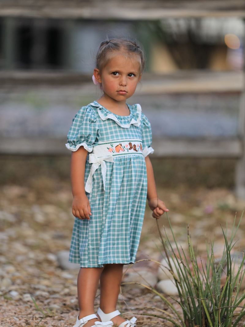 Western Plaid Horse Embroidered Girl Dress - 5