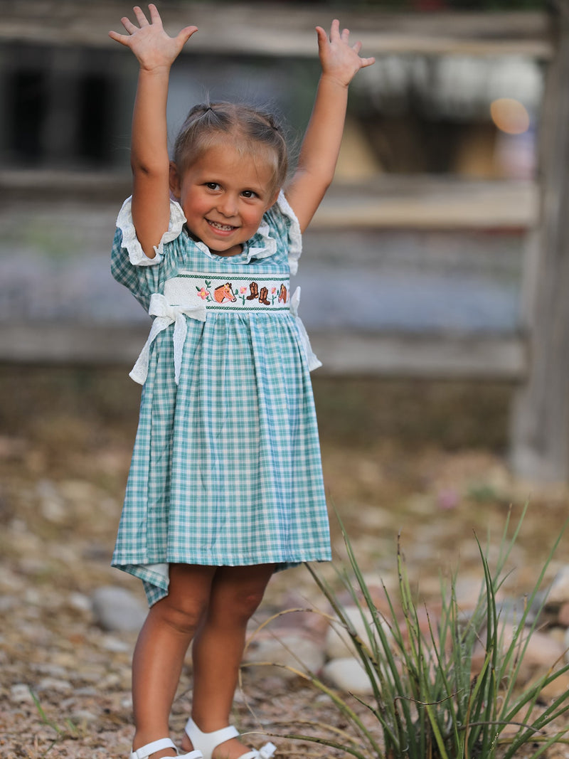 Western Plaid Horse Embroidered Girl Dress - 2