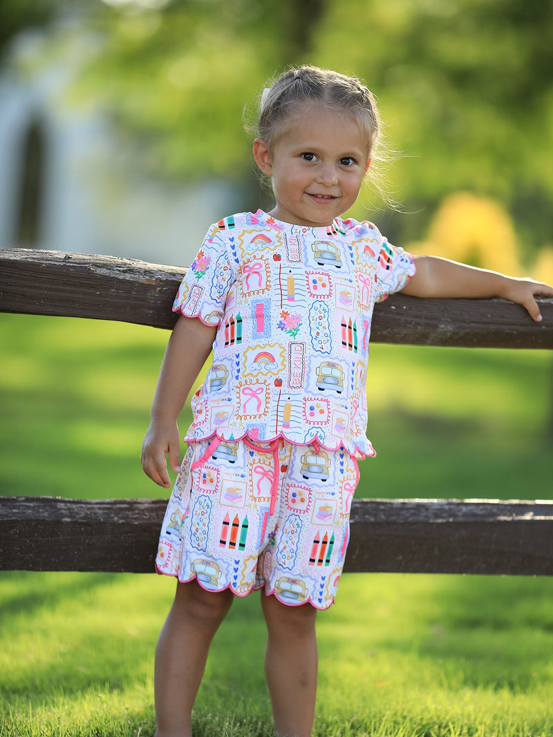 Back to School Print Girl Short Set Scallop Hem - 5