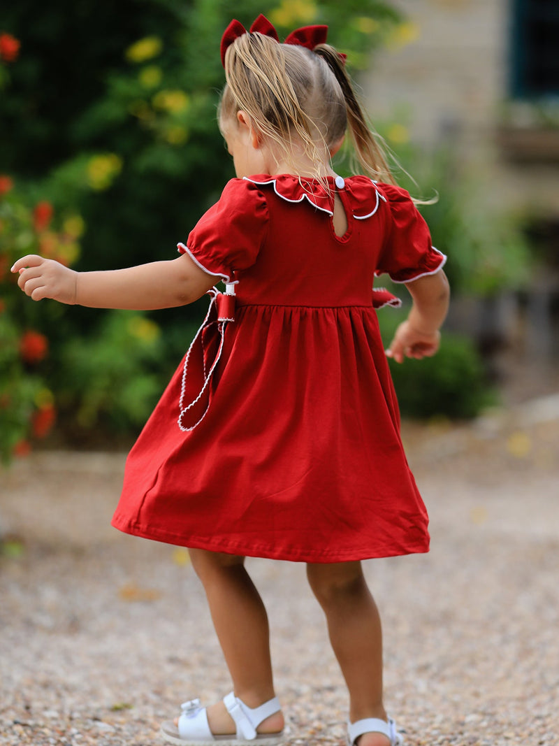 Girls Christmas Reindeer Smocked Red Bow Dress - 4