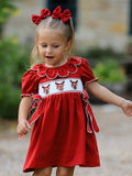 Girls Christmas Reindeer Smocked Red Bow Dress - 2