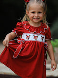 Girls Christmas Reindeer Smocked Red Bow Dress - 1