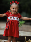 Girls Christmas Reindeer Smocked Red Bow Dress - 3