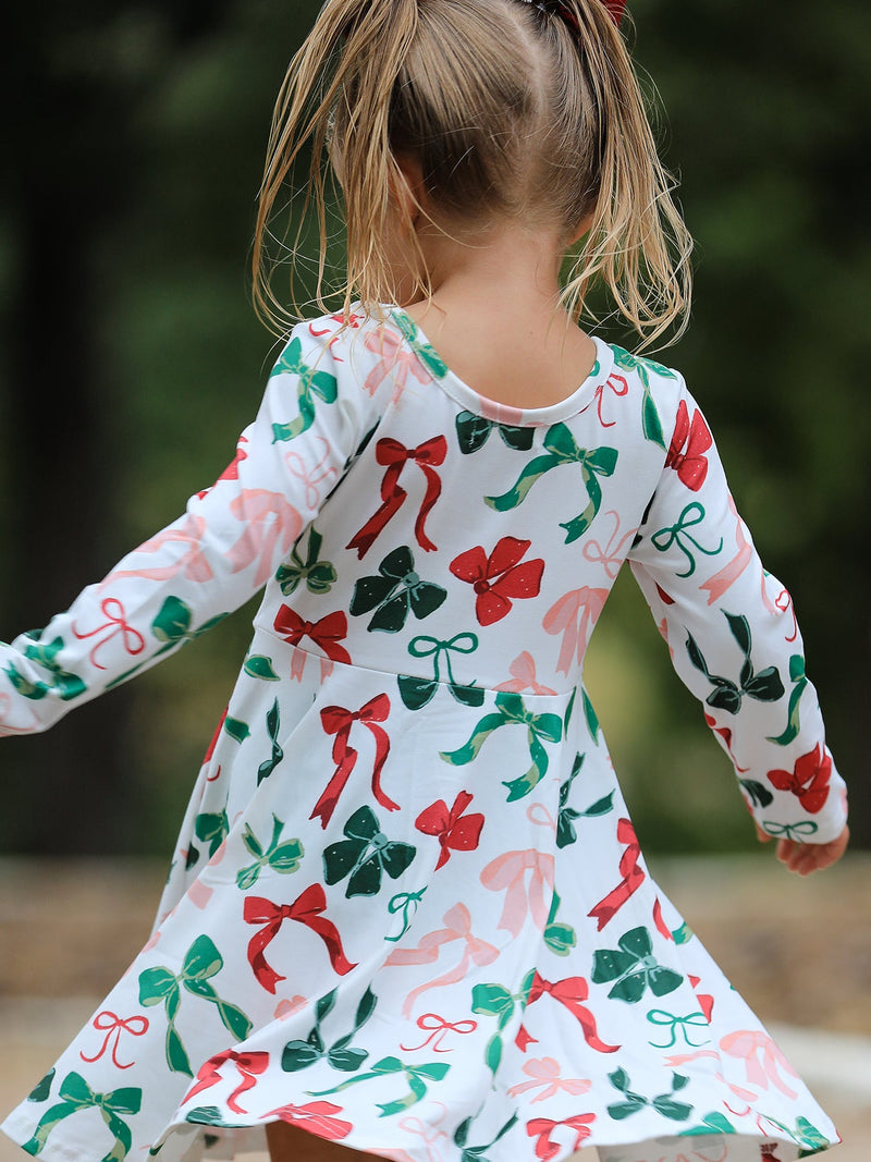 Girls Christmas Bow Print Dress - 2