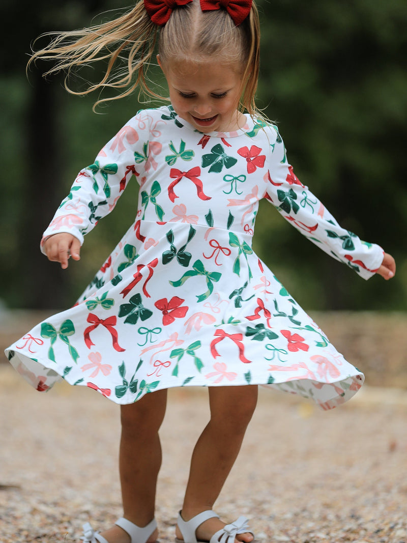 Girls Christmas Bow Print Dress - 1