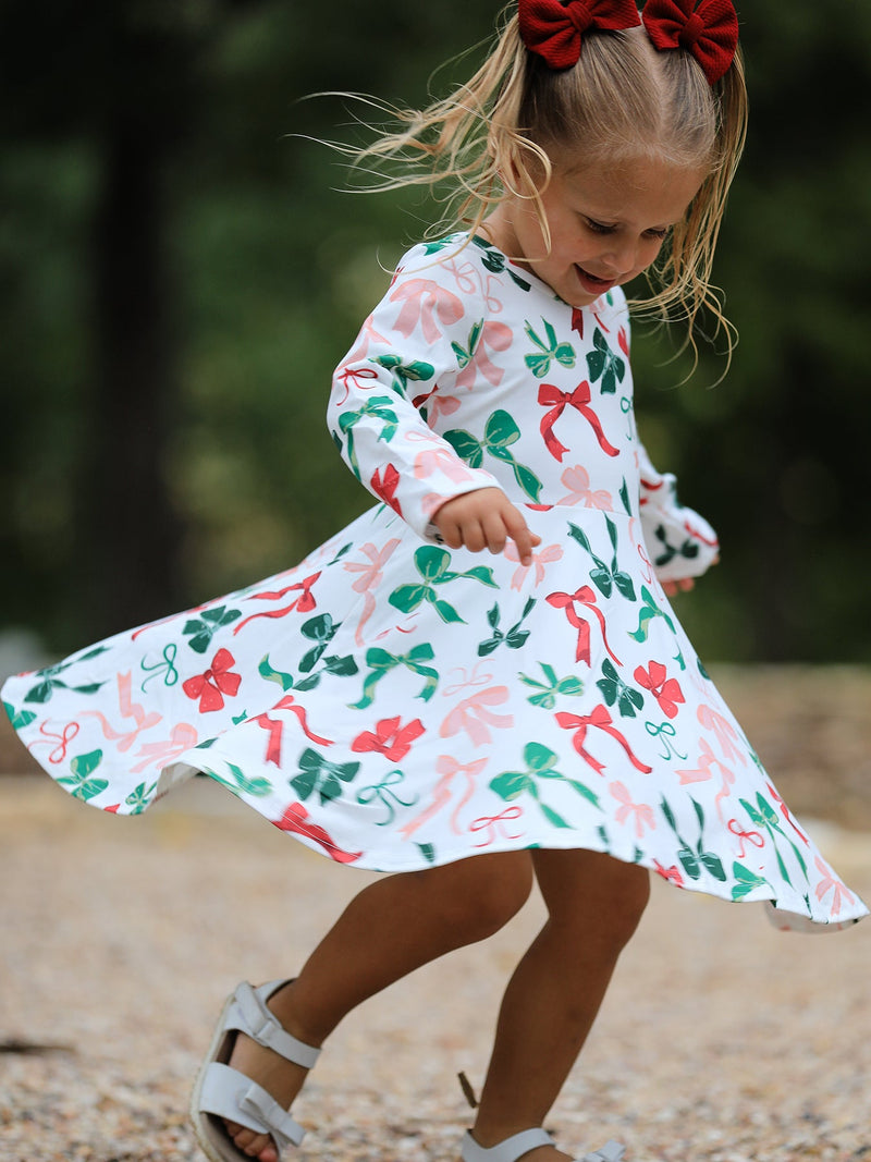 Girls Christmas Bow Print Dress - 3