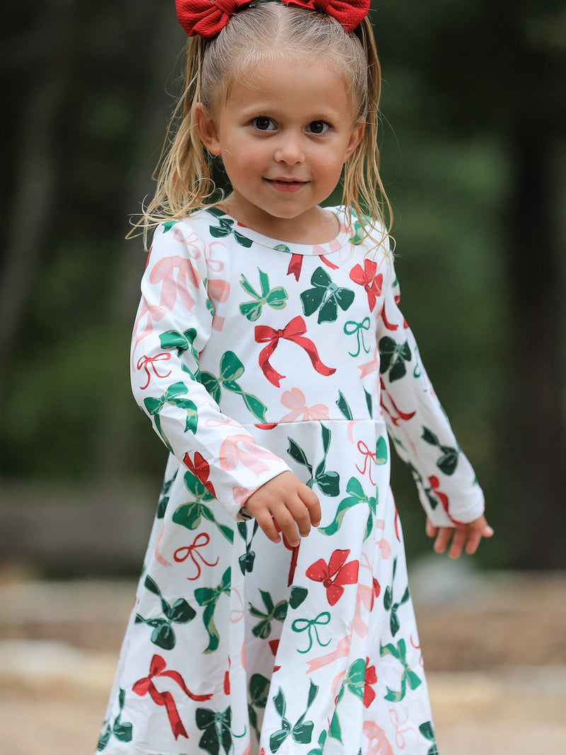Girls Christmas Bow Print Dress - 4