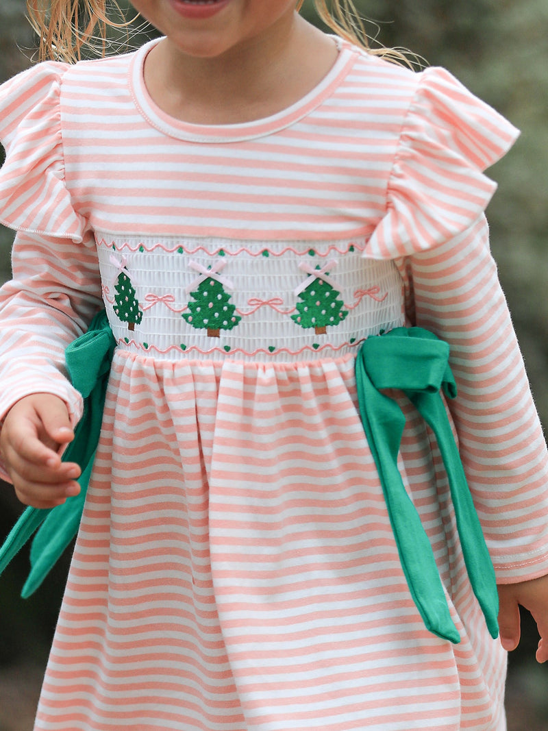 Christmas Tree Smocked Embroidery Stripe Baby Girls Dress - 2