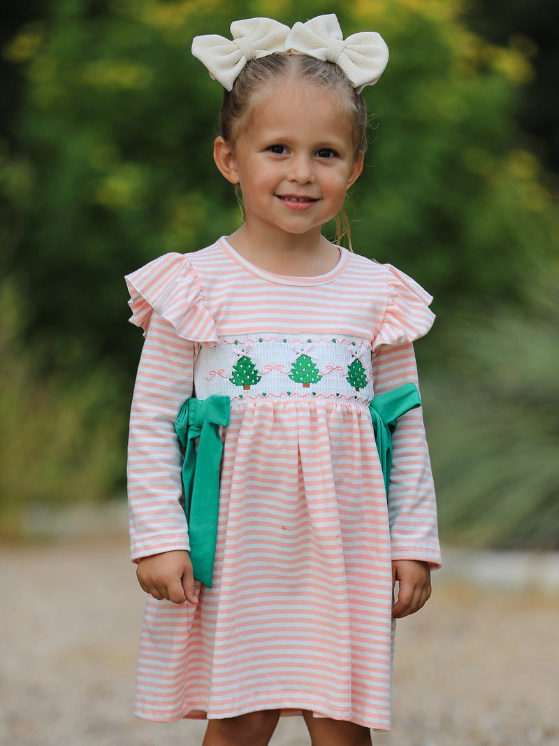 Christmas Tree Smocked Embroidery Stripe Baby Girls Dress - 4