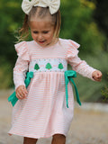 Christmas Tree Smocked Embroidery Stripe Baby Girls Dress - 1