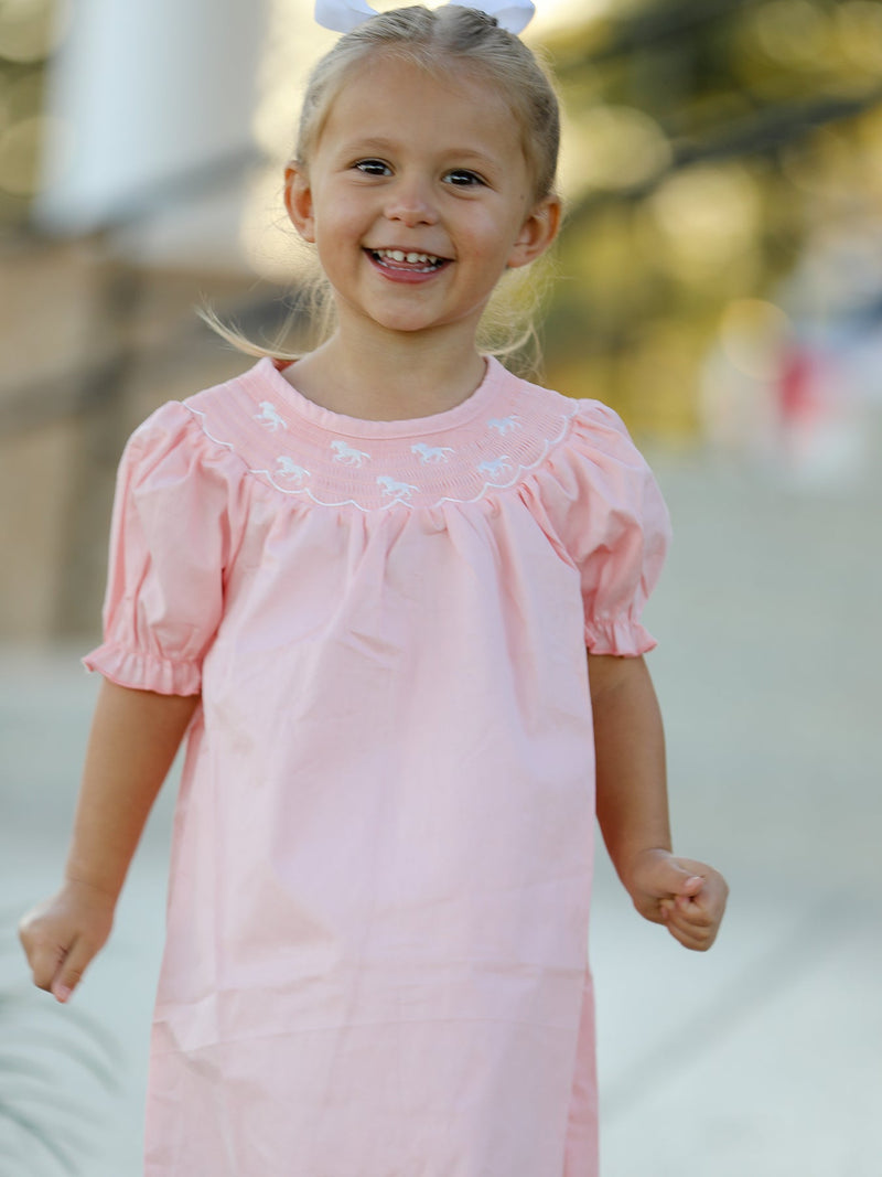 Girls Horse Smocking Embroidered Coral Dress - 2
