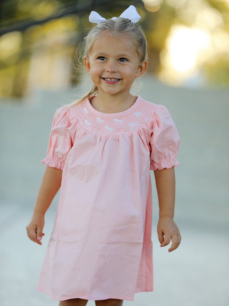 Girls Horse Smocking Embroidered Coral Dress - 1