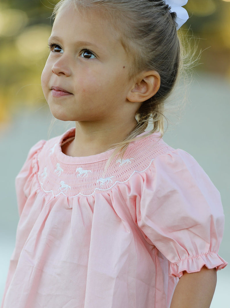 Girls Horse Smocking Embroidered Coral Dress - 6