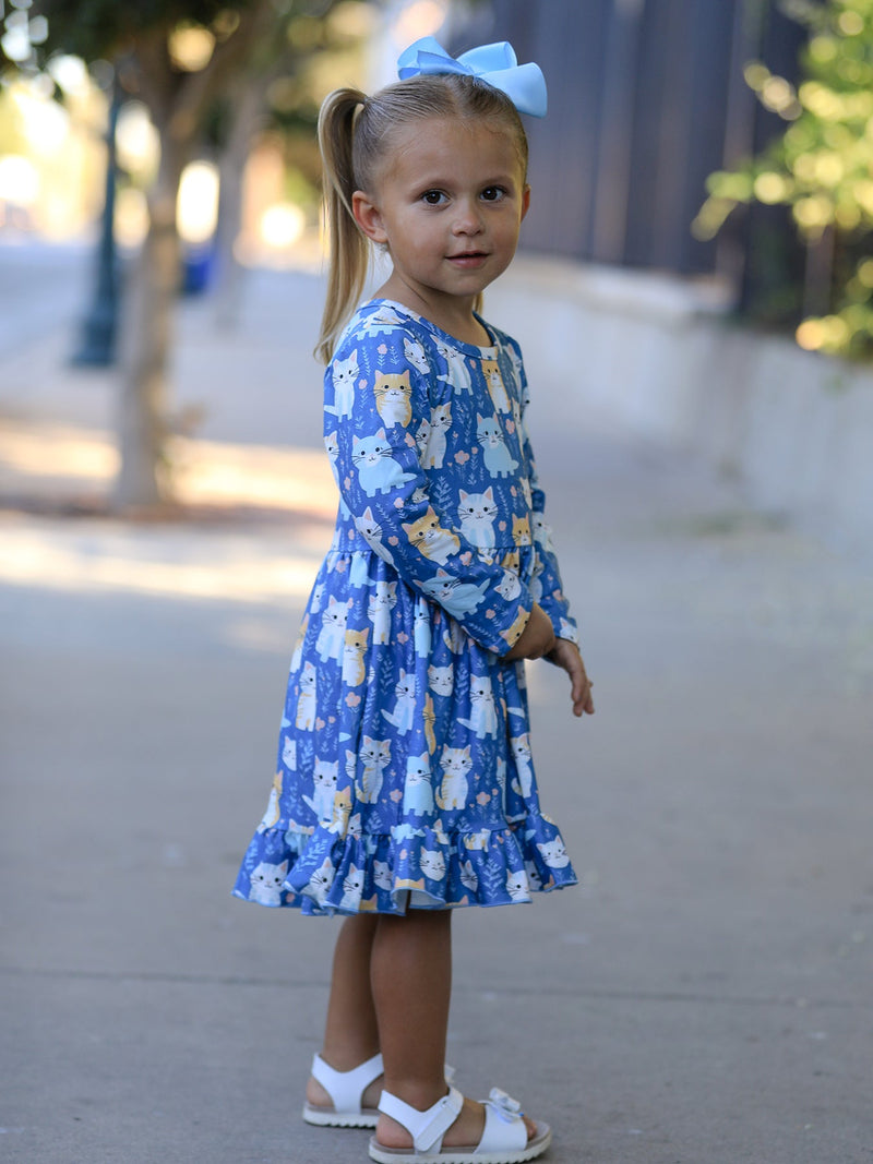 Fall Cat Print Girls Long Sleeve Ruffle Hem Dress - 5
