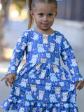 Fall Cat Print Girls Long Sleeve Ruffle Hem Dress - 3