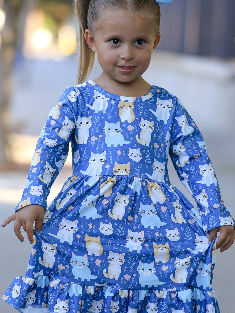 Fall Cat Print Girls Long Sleeve Ruffle Hem Dress - 3
