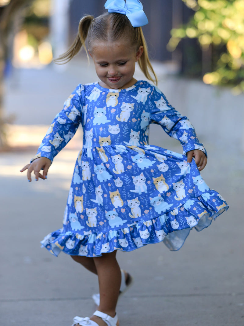 Fall Cat Print Girls Long Sleeve Ruffle Hem Dress - 1