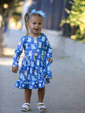 Fall Cat Print Girls Long Sleeve Ruffle Hem Dress - 2