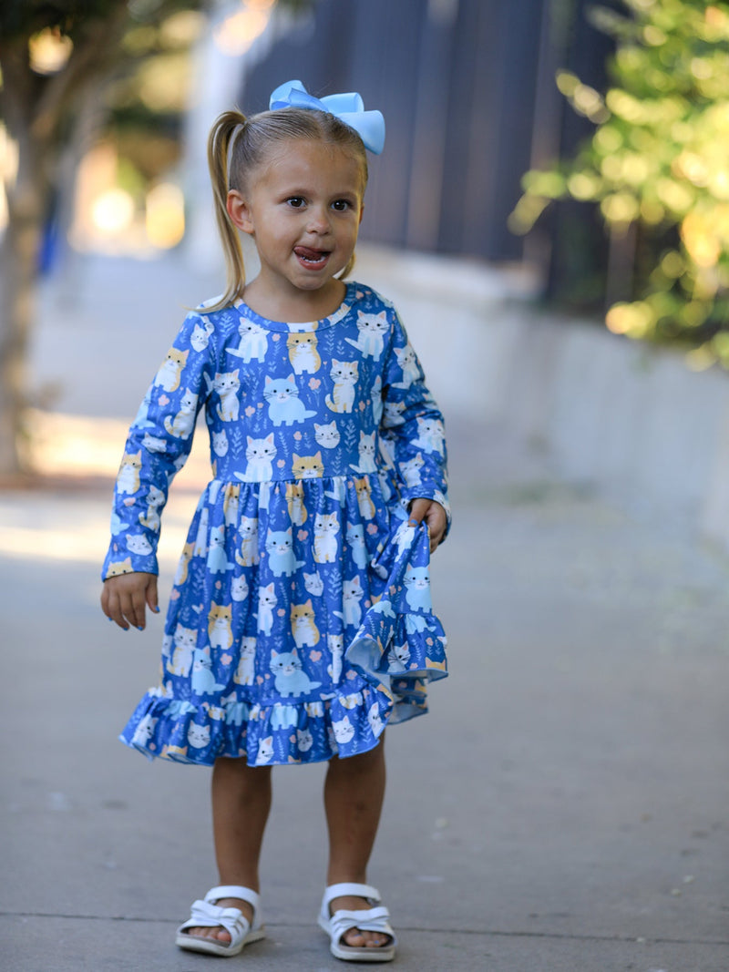 Fall Cat Print Girls Long Sleeve Ruffle Hem Dress - 2