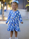 Fall Cat Print Girls Long Sleeve Ruffle Hem Dress - 4
