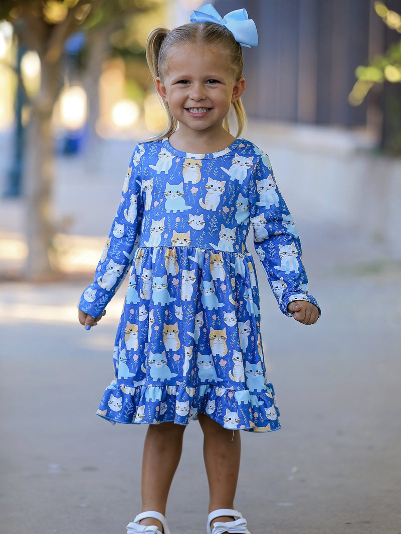 Fall Cat Print Girls Long Sleeve Ruffle Hem Dress - 4