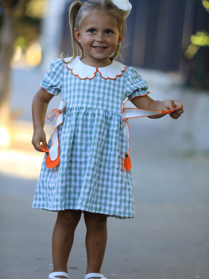 Fall Plaid Girls Dress Pumpkin Bow Smocked Peter Pan Collar - 3