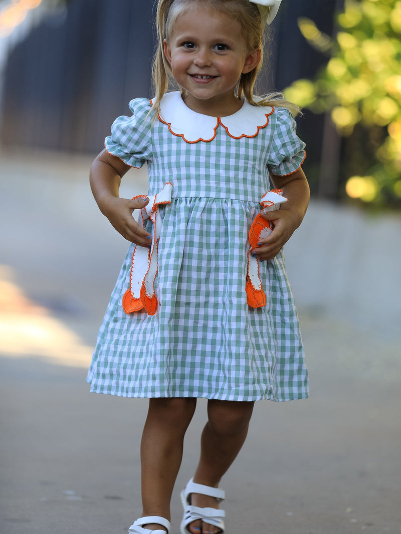 Fall Plaid Girls Dress Pumpkin Bow Smocked Peter Pan Collar - 1