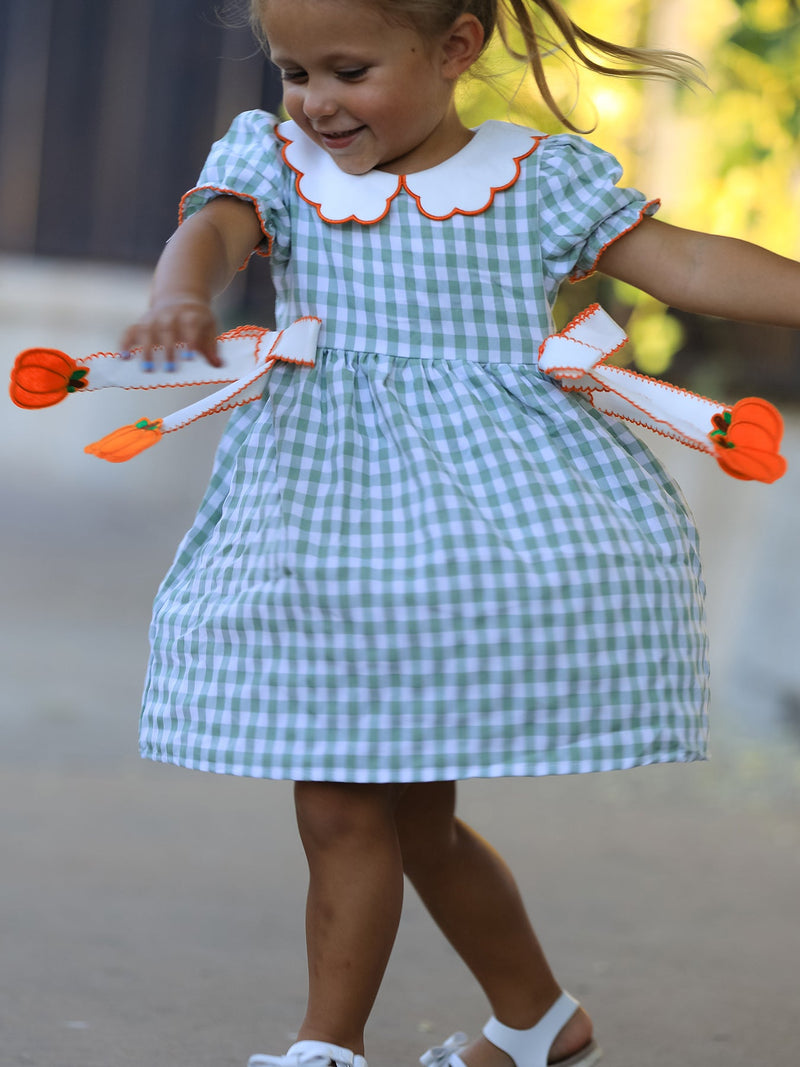 Fall Plaid Girls Dress Pumpkin Bow Smocked Peter Pan Collar - 4