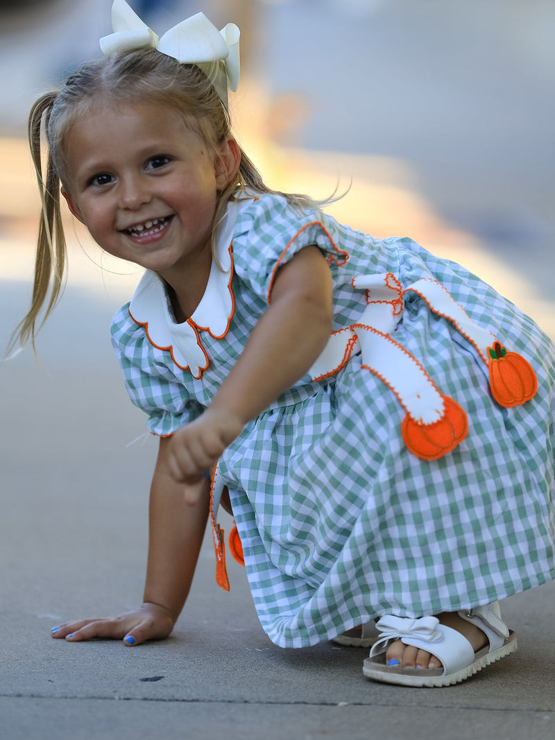 Fall Plaid Girls Dress Pumpkin Bow Smocked Peter Pan Collar - 5