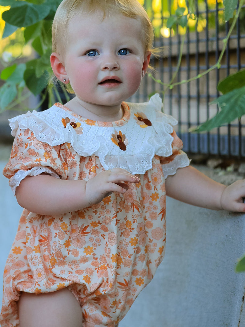 Thanksgiving Turkey Floral Lace Bubble Girls Romper - 2