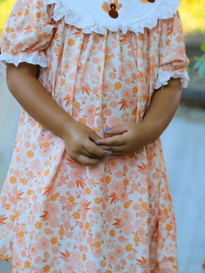 Thanksgiving Turkey Floral Lace Ruffle Girls Dress - 3