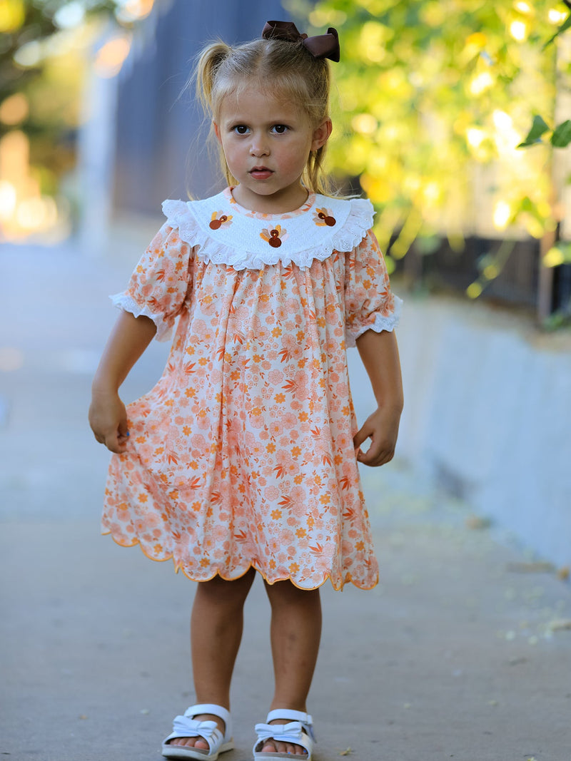Thanksgiving Turkey Floral Lace Ruffle Girls Dress - 2