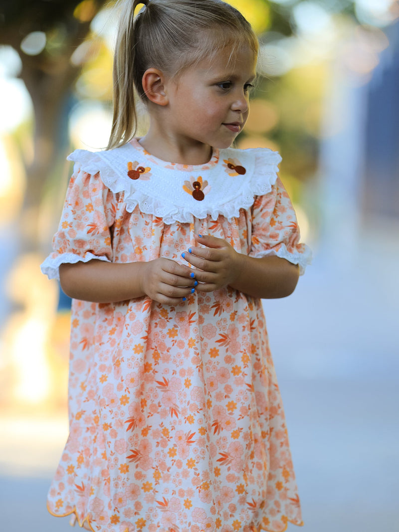 Thanksgiving Turkey Floral Lace Ruffle Girls Dress - 6
