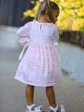 Pink Plaid Ruffle Ballet Shoe Embroidery Long Sleeve Dress - 3