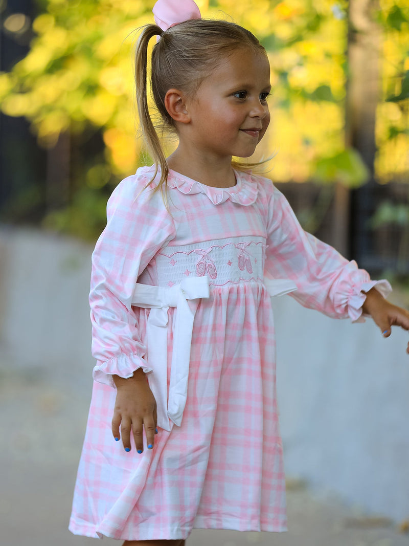 Pink Plaid Ruffle Ballet Shoe Embroidery Long Sleeve Dress - 2