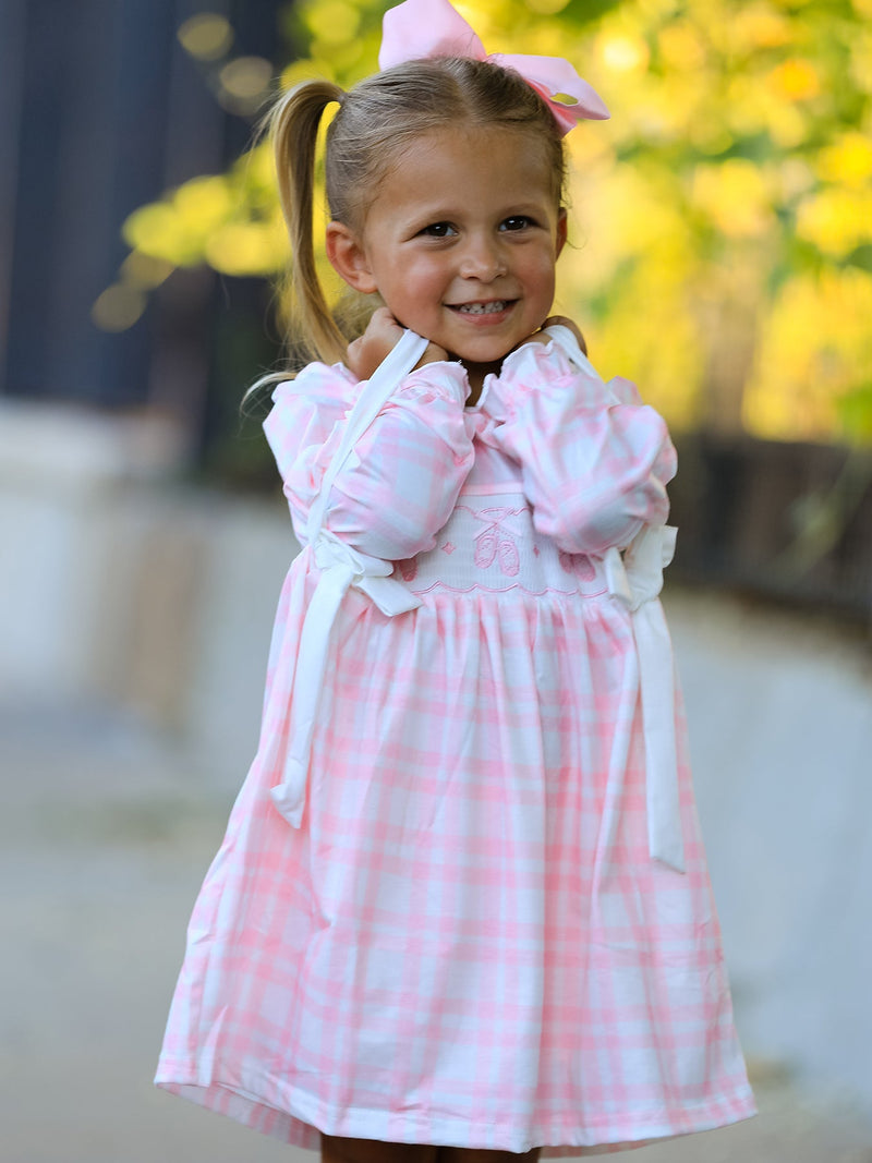 Pink Plaid Ruffle Ballet Shoe Embroidery Long Sleeve Dress - 4