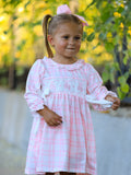 Pink Plaid Ruffle Ballet Shoe Embroidery Long Sleeve Dress - 5