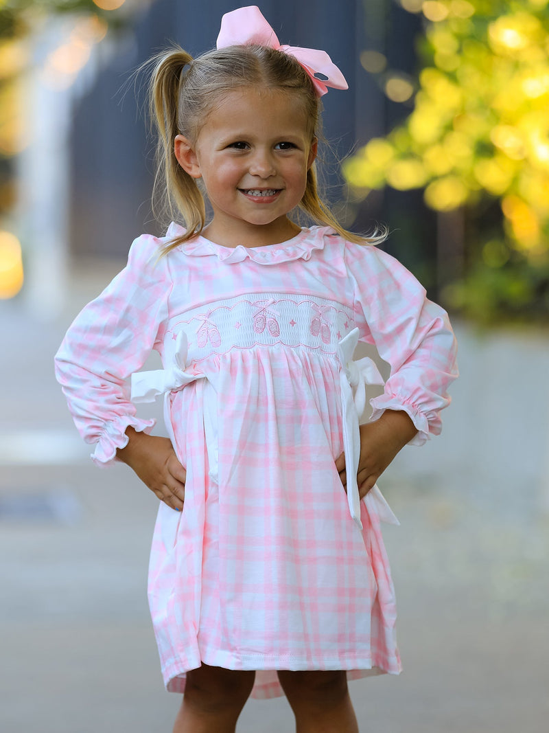 Pink Plaid Ruffle Ballet Shoe Embroidery Long Sleeve Dress - 1