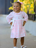 Pink Plaid Ruffle Ballet Shoe Embroidery Long Sleeve Dress - 6