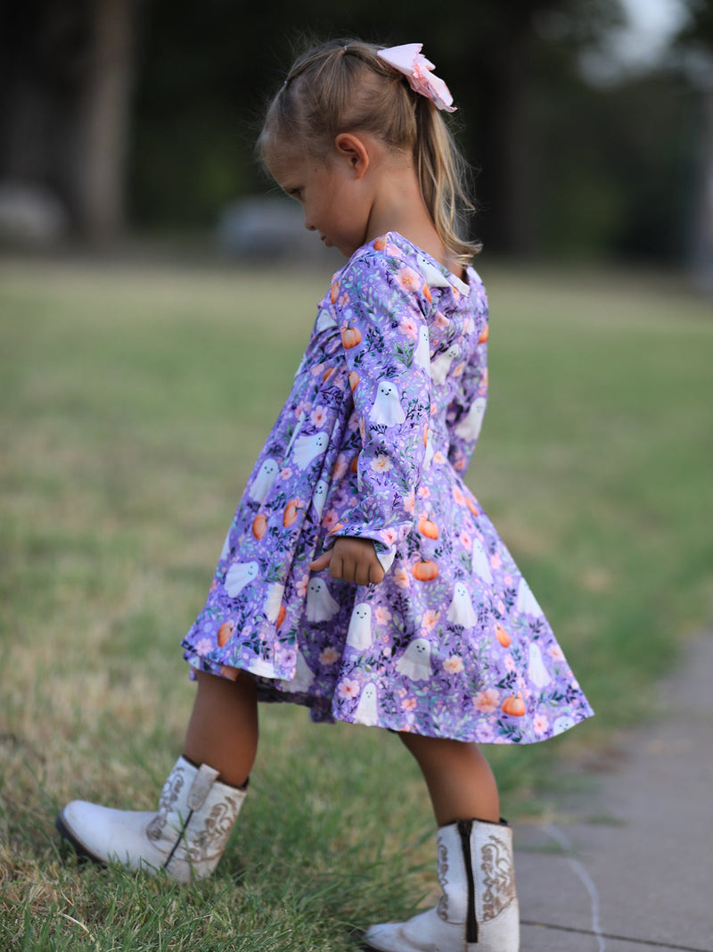 Halloween Ghost Pumpkin Girls Long Sleeve Twirl Dress - 5