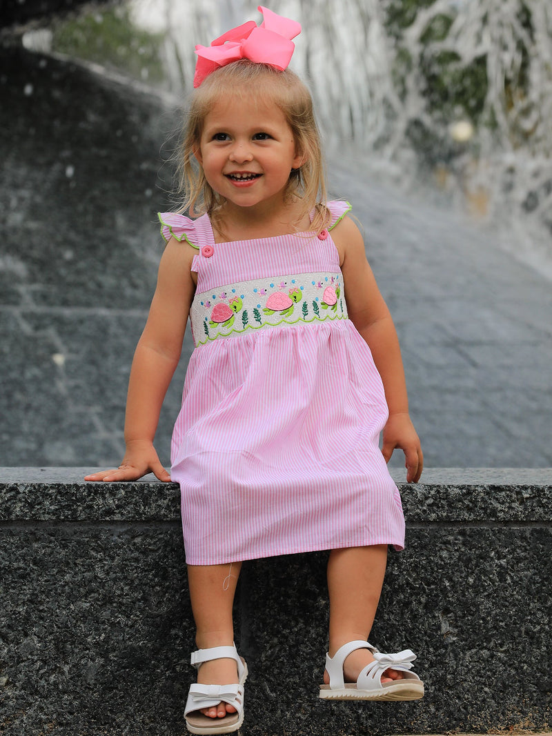 Turtle Girls Dress Pink Stripe Ruffle Strap - 1