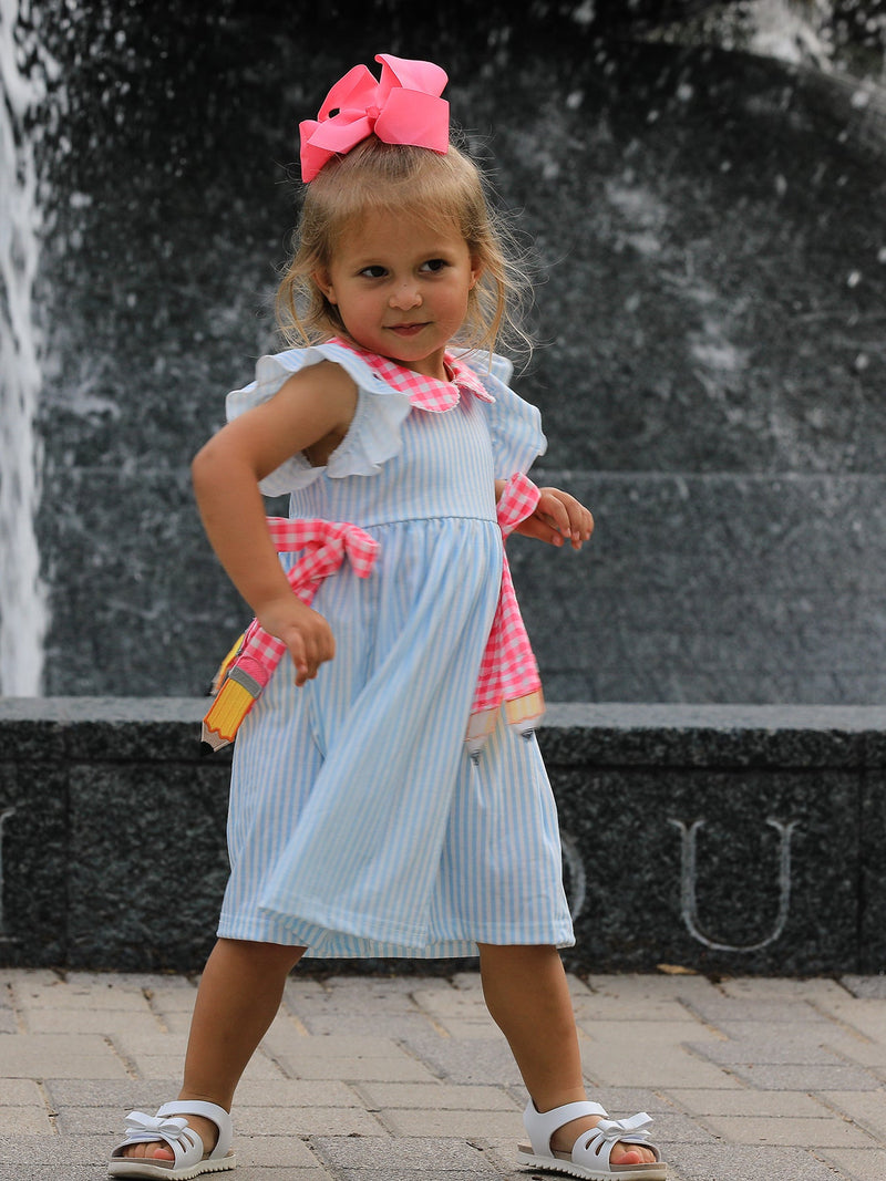 Back To School Girls Striped lapels Bow Dress - 3